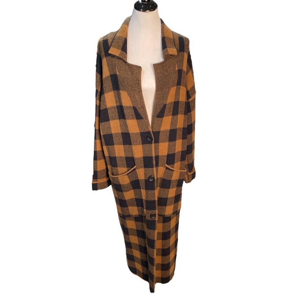 Zara Knit Buffalo Check Trench Sweater Jacket Brown Black Size Small